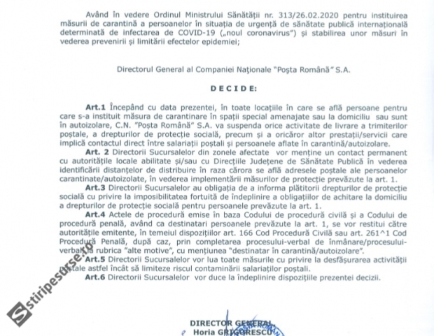 Poșta Română a decis să nu mai livreze pensiile și alocațiile suspecților de infecție cu coronavirus